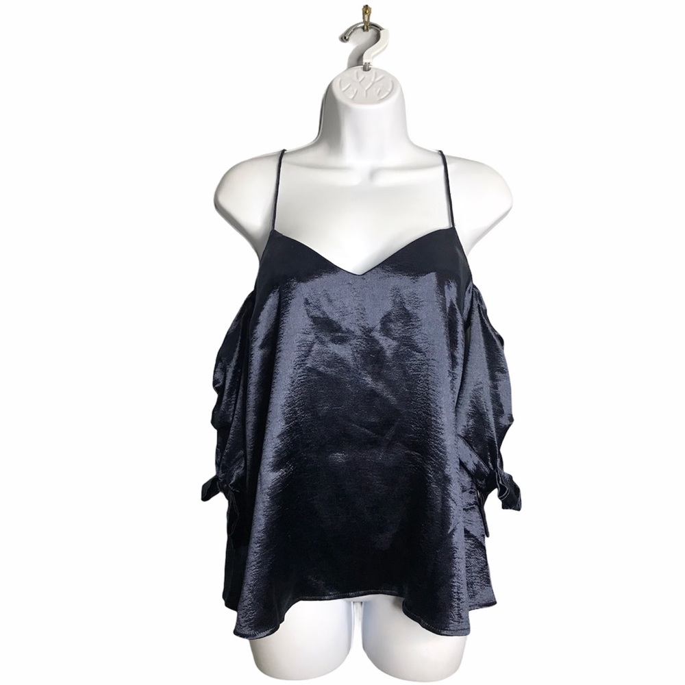 Urban Outfitters | Blue Satin Cold Shoulder Blouse • - Picture 2 of 9